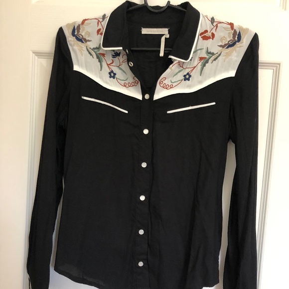 Urban Outfitters, Western Shirt Top, Dark Blue/Black with Floral Motifs, Small - Picture 1 of 7